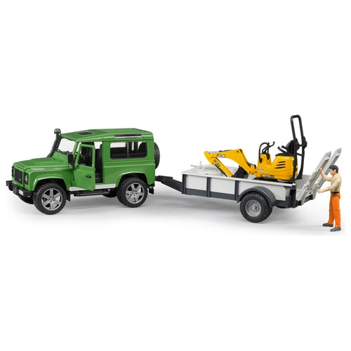 BRUDER LAND ROVER DEFENDER with SINGLE AXLE TRAILER, JCB MICRO EXCAVATOR, TRAILER & CONSTRUCTION WORKER