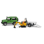 BRUDER LAND ROVER DEFENDER with SINGLE AXLE TRAILER, JCB MICRO EXCAVATOR, TRAILER & CONSTRUCTION WORKER