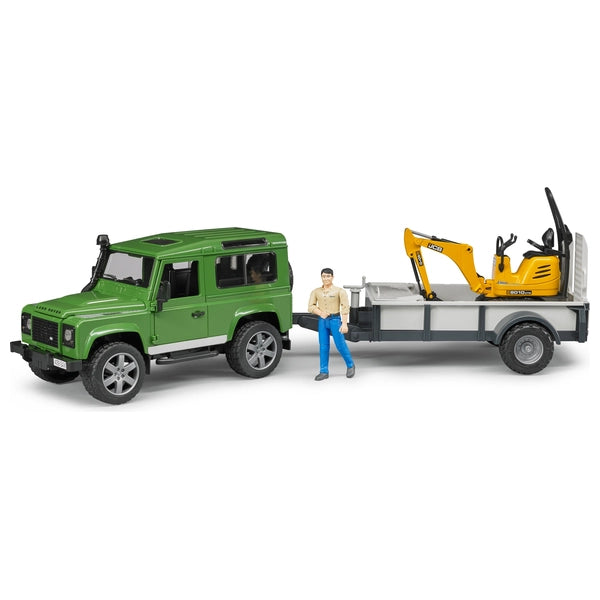 BRUDER LAND ROVER DEFENDER with SINGLE AXLE TRAILER, JCB MICRO EXCAVATOR, TRAILER & CONSTRUCTION WORKER