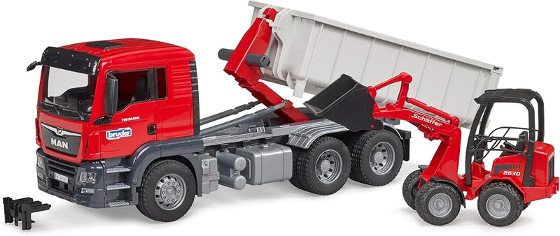 BRUDER MAN TGS TRUCK W/ROLL-OFF-CONTAINER & SCHAFFER COMPACT LOADER