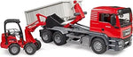 BRUDER MAN TGS TRUCK W/ROLL-OFF-CONTAINER & SCHAFFER COMPACT LOADER