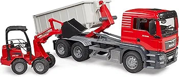 BRUDER MAN TGS TRUCK W/ROLL-OFF-CONTAINER & SCHAFFER COMPACT LOADER