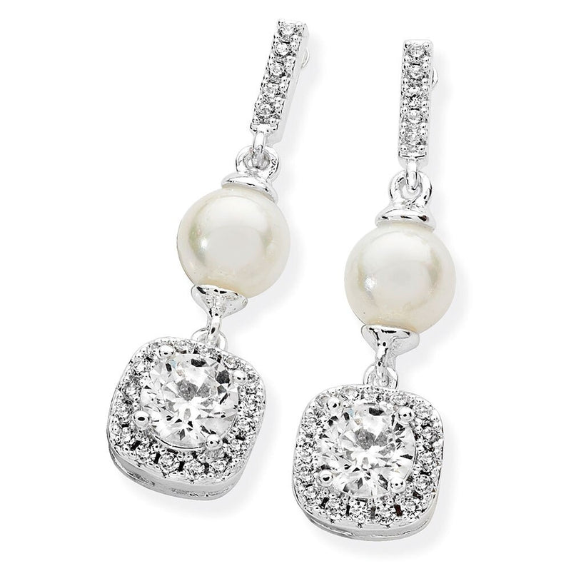 Tipperary Crystal SILVER PEARL BAR WITH CZ DROP EARRINGS 117716