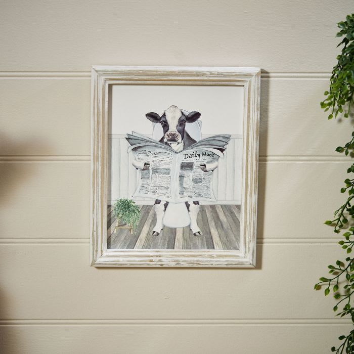 RL COW READING THE PAPER ON THE TOILET WOOD PRINTED PLAQUE