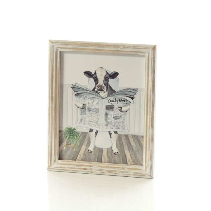 RL COW READING THE PAPER ON THE TOILET WOOD PRINTED PLAQUE
