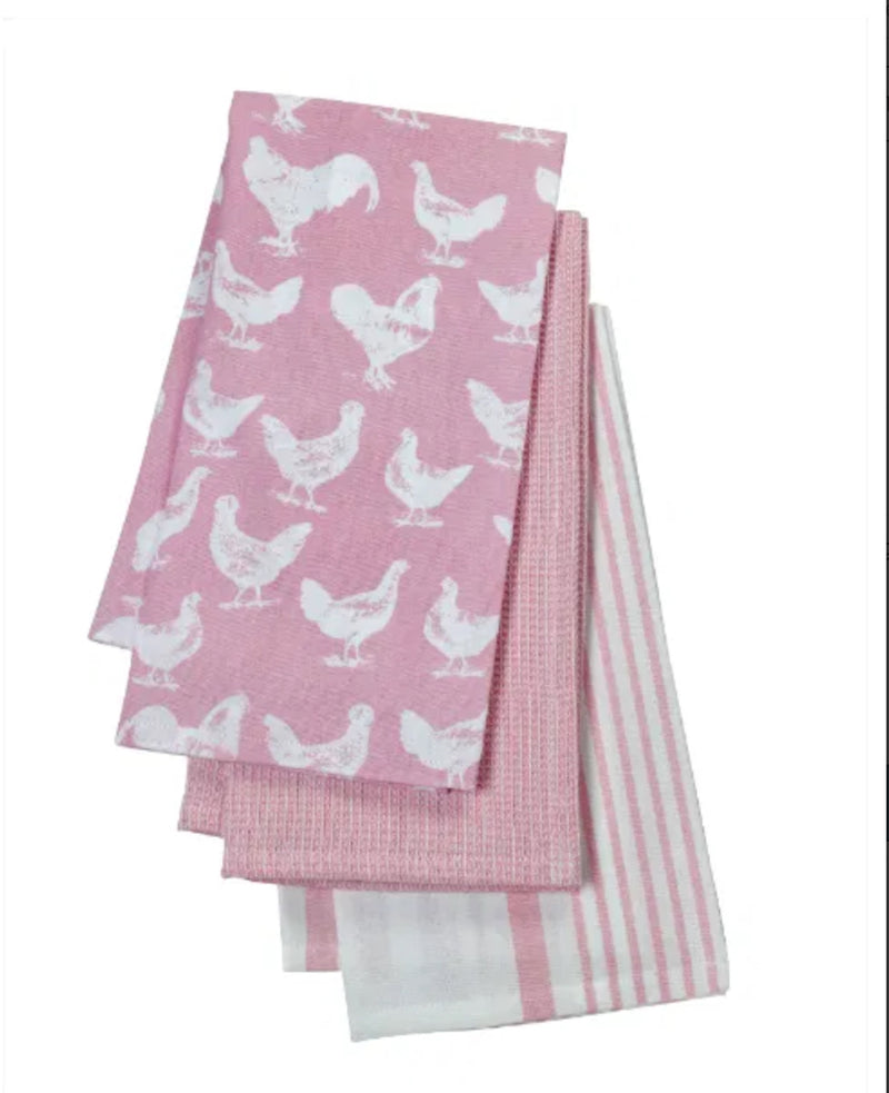 EDD Set Of 3 Hen &Cockerel Tea Towels Pink