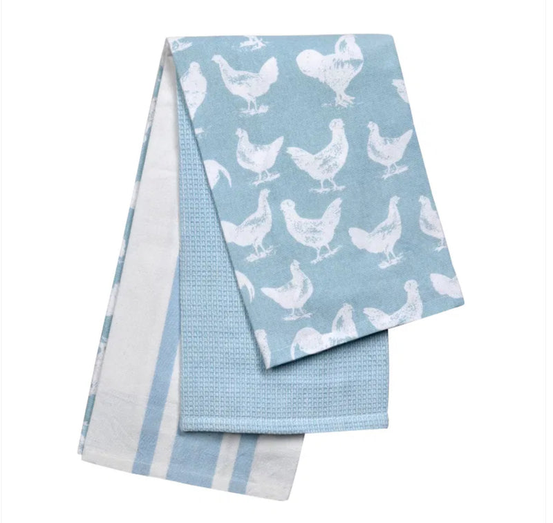 EDD Set Of 3 Hen & Cockerel Tea Towels Blue