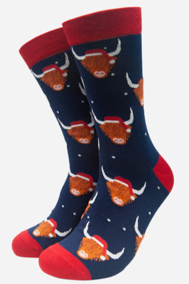 MSH Navy Blue Womens Christmas Highland Cow Print Bamboo Socks