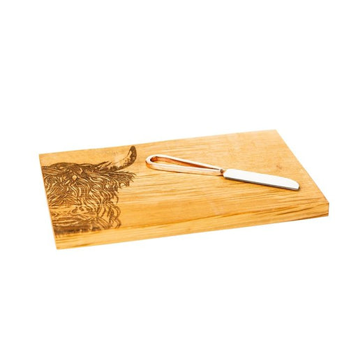 Selbrae House Oak Cheese Board & Knife Set - Highland Cow