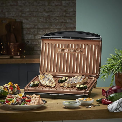George Foreman Medium Fit Grill - Versatile Griddle, Hot Plate and Toastie Machine with Improved Non-Stick Coating and Speedy Heat Up, Black and Copper