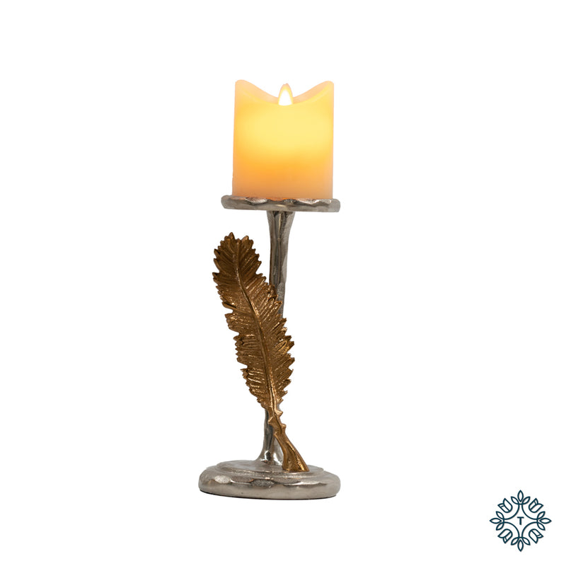 Tara FEATHER PILLAR CANDLE HOLDER SILVER/GOLD 23CM
