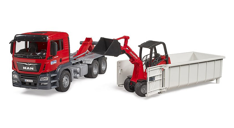 BRUDER MAN TGS TRUCK W/ROLL-OFF-CONTAINER & SCHAFFER COMPACT LOADER
