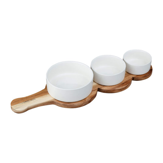 Denby James Martin 4 Piece Ceramic Bowl & Paddle Acacia Wooden Serving Board