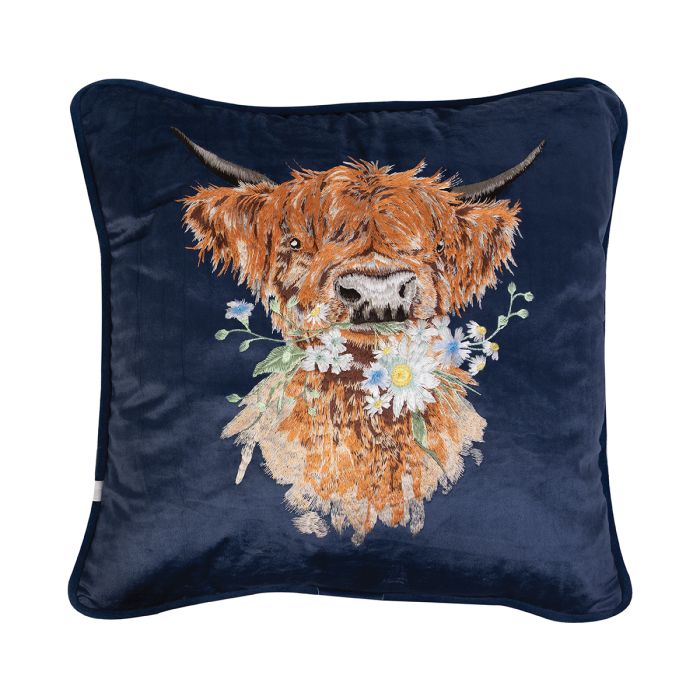 Wrendale Daisy Coo' Highland Cow Embroidered Cushion