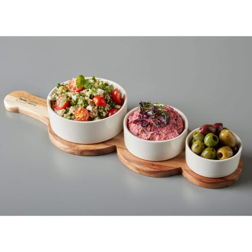 Denby James Martin 4 Piece Ceramic Bowl & Paddle Acacia Wooden Serving Board