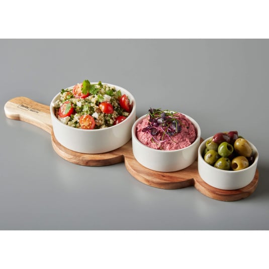 Denby James Martin 4 Piece Ceramic Bowl & Paddle Acacia Wooden Serving Board