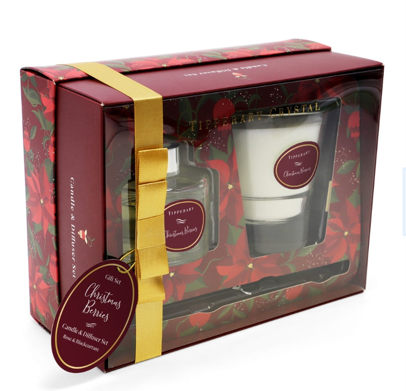 Tipperary Crystal Poinsettia Candle & Diffuser Set - Christmas Berries