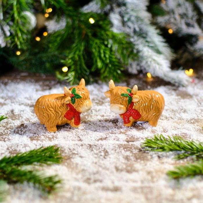 RL CHRISTMAS HIGHLAND COW CERAMIC SALT AND PEPPER SET WITH HOLLY AND SCARF