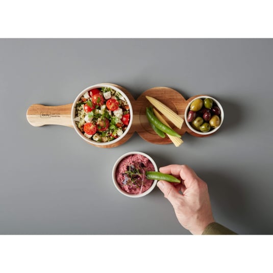 Denby James Martin 4 Piece Ceramic Bowl & Paddle Acacia Wooden Serving Board