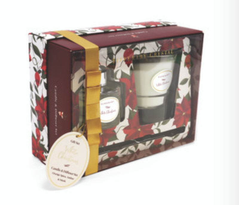 Tipperary Crystal Poinsettia White Christmas Candle And Diffuser Set