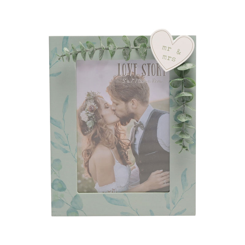 WID LOVE STORY 'MR & MRS' GREEN FRAME WITH LEAVES - 5" X 7" WG1183